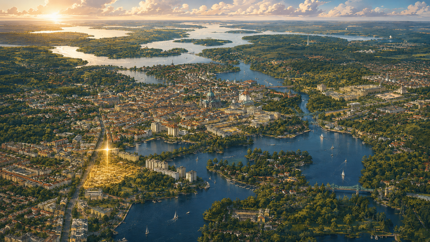 Weites Panorama über Potsdam, seine Seenlandschaft und Charlottenhof