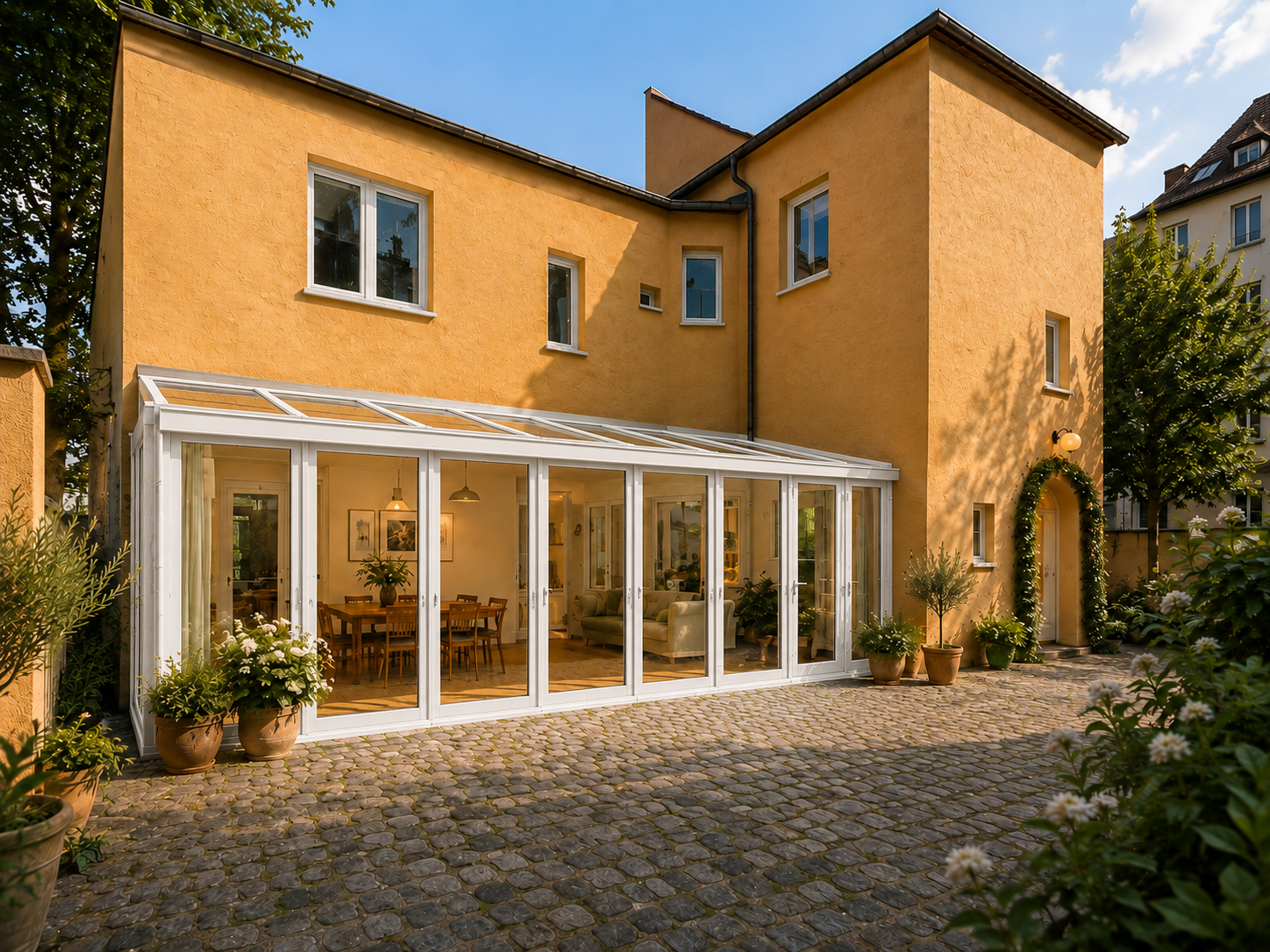 Visualisierung der Remise mit Wintergarten im begrünten Innenhof